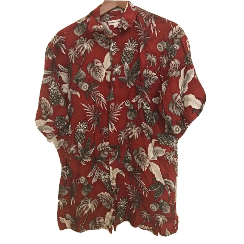 Pierre Cardin Hawaiian Shirt Vintage Red Medium Tropical Pineapple Camp Rayon